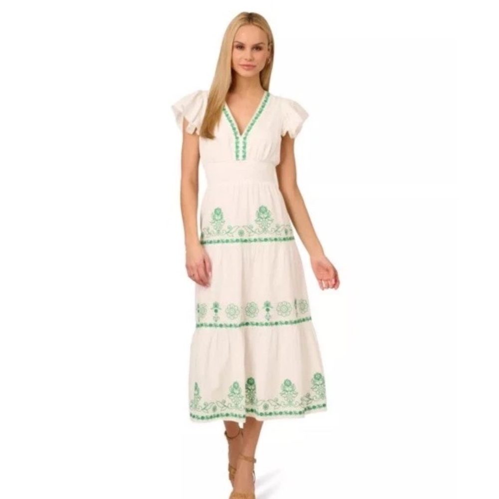 Adrianna Papell White Dress with Green Embroidery